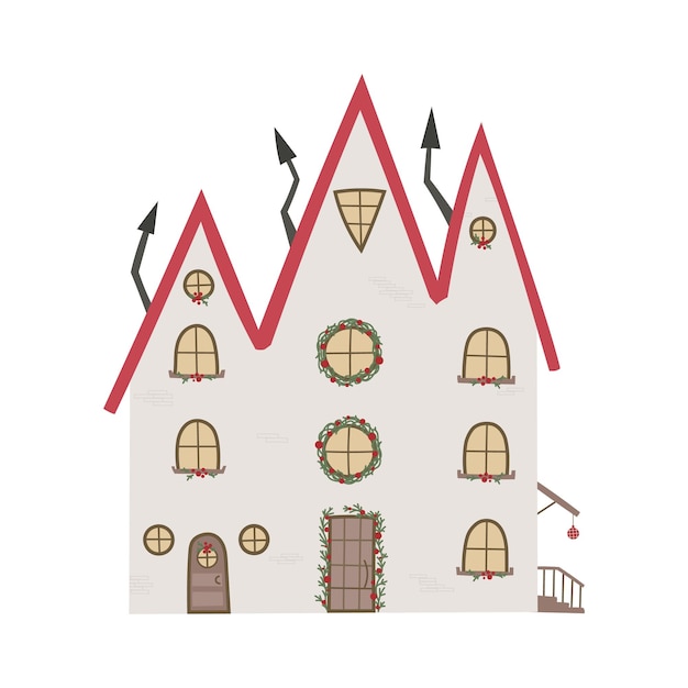 Cute big Christmas house with red roof chimney Vector illustration for banner card