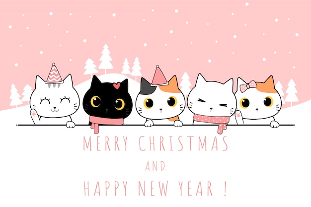 벡터 귀여운 큰 눈 고양이 새끼 고양이 인사말 축하 메리 크리스마스와 새해 복 많이 받으세요 만화 낙서 카드