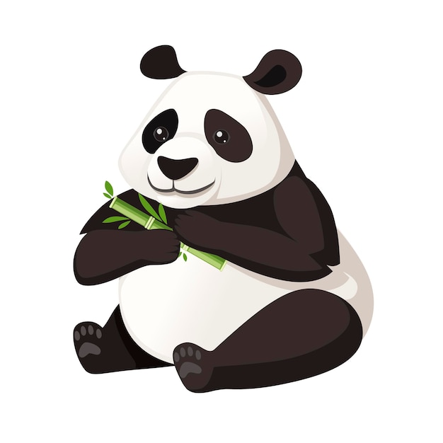 Cute big panda sit on floor and holds bamboo branch cartoon animal design flat vector illustration.