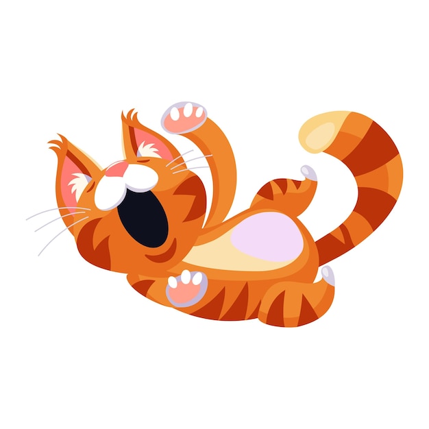 Cute big tabby ginger cat yawning sweetly lying on his back cartoon flat design illustration