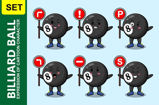 Cute billiard ball cartoon character holding traffic sign in modern 3d style design