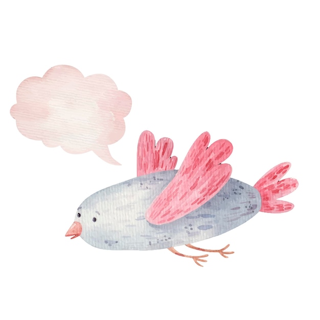 かわいい鳥と思考のアイコン、雲、子供のイラスト水彩