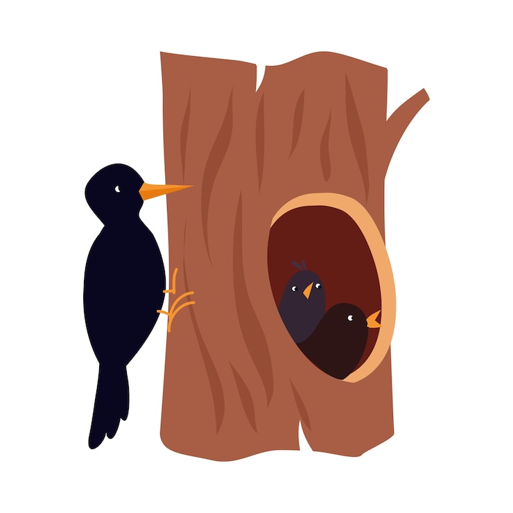 Vector cute bird as forest habitant sitting in tree hollow vector illustration