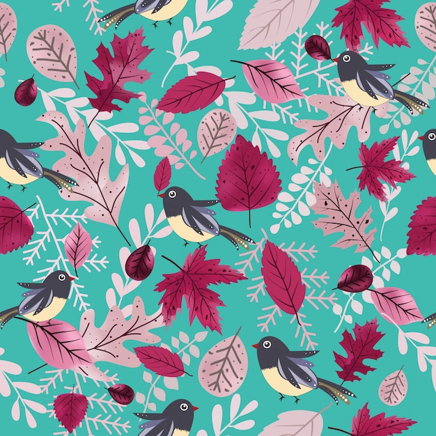 Cute bird and  beautiful purple leaf seamless pattern.