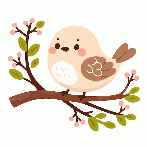 Vector cute bird on brach tree cartoon vector on white background