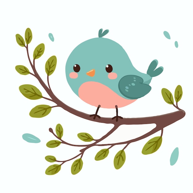 Vettore uccello carino sull'albero di brach vettore di cartoni animati su sfondo bianco