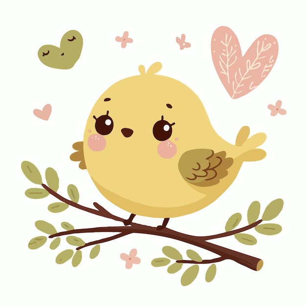 Cute bird on brach tree cartoon vector on white background