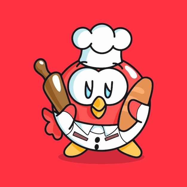 Vector cute bird cartoon character chef bakery cook mascot sticker illustration