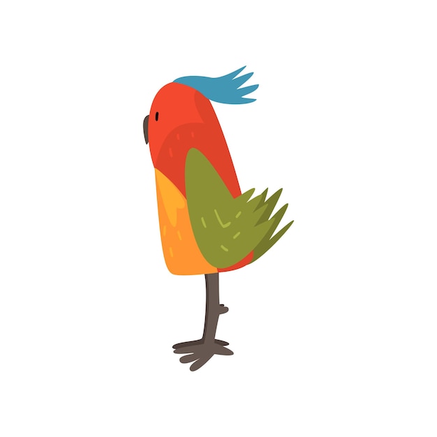 Carattere animato d'uccello carino con piume colorate brillanti e illustrazione vettoriale a vista laterale su sfondo bianco