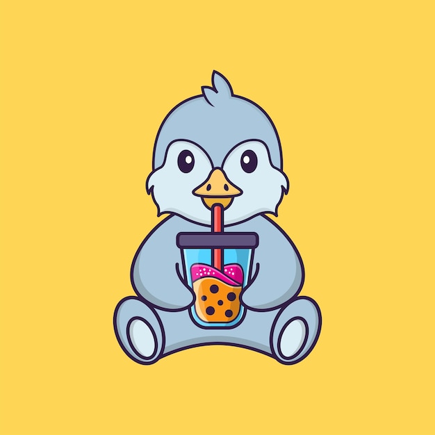 Cute bird Drinking Boba milk tea. Animal cartoon concept isolated. Flat Cartoon Style