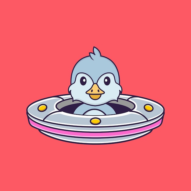 Cute bird driving spaceship ufo. animal cartoon concept isolated. flat cartoon style