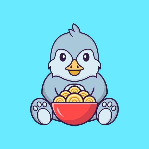Cute bird eating ramen noodles. animal cartoon concept isolated. flat cartoon style
