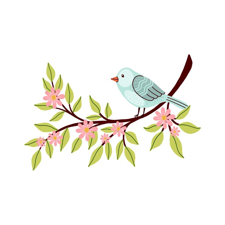 Vector cute bird on flowering branch vector illustration
