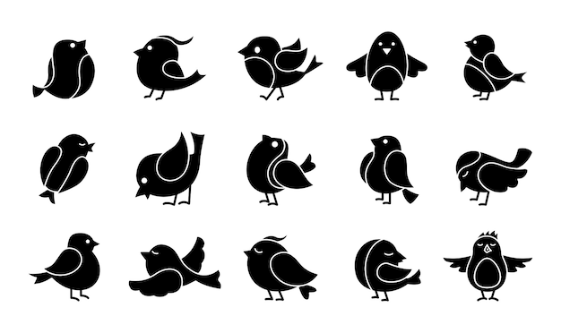 귀여운 새 문양 만화 세트입니다. 검은 작은 새, 다른 포즈, 비행. 행복한 캐릭터. 손으로 그린 된 평면 추상 아이콘입니다. 현대 유행