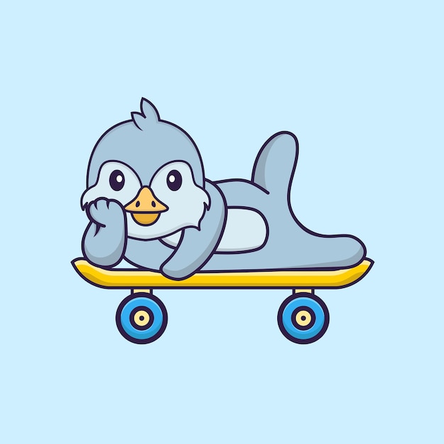 Cute bird lying on a skateboard animal cartoon concept isolated