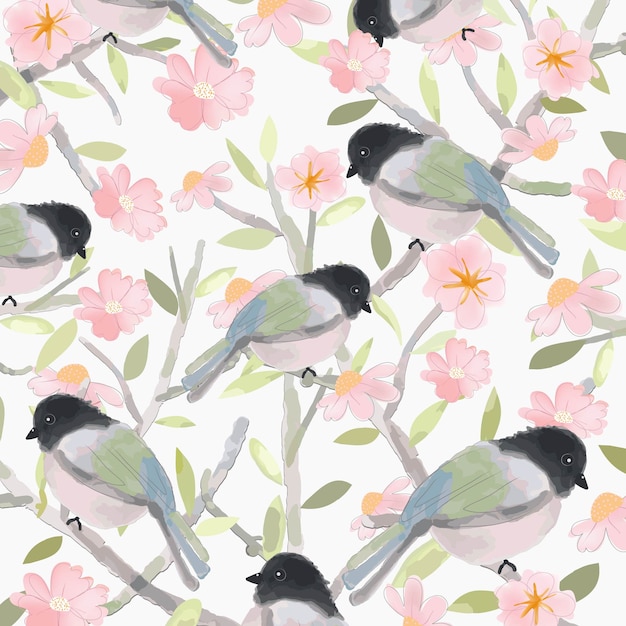 Vector cute bird and pink floral with green leaf pattern.