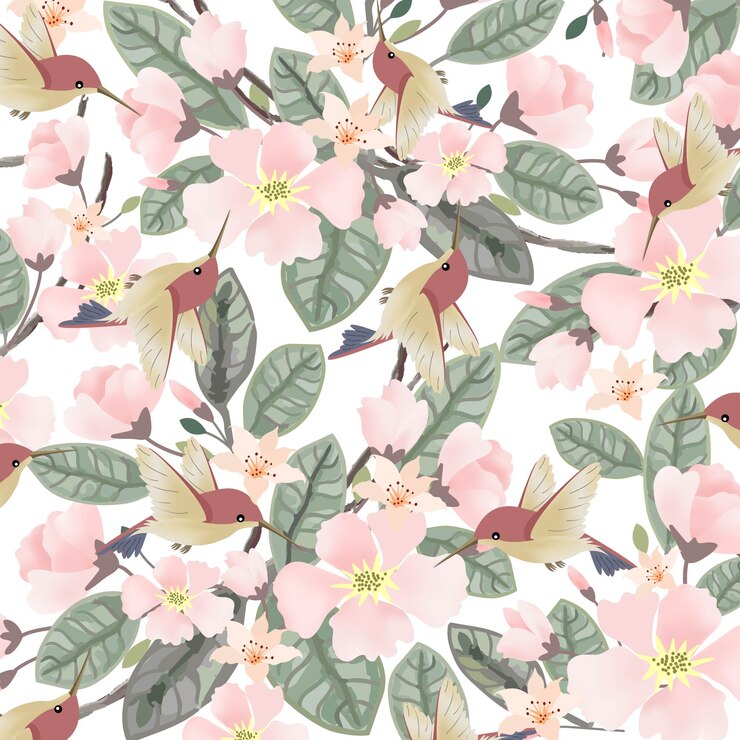 Vector cute bird and pink floral with green leaf seamless pattern