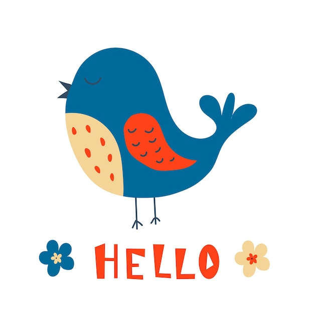 Cute bird in the scandinavian style of flat illustration bird flowers and calligraphy hello