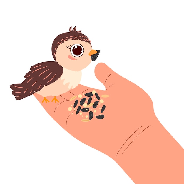 Vettore un uccello carino si siede sulla mano un uccello mangia e becca i semi di grano dalla mano cartone animato