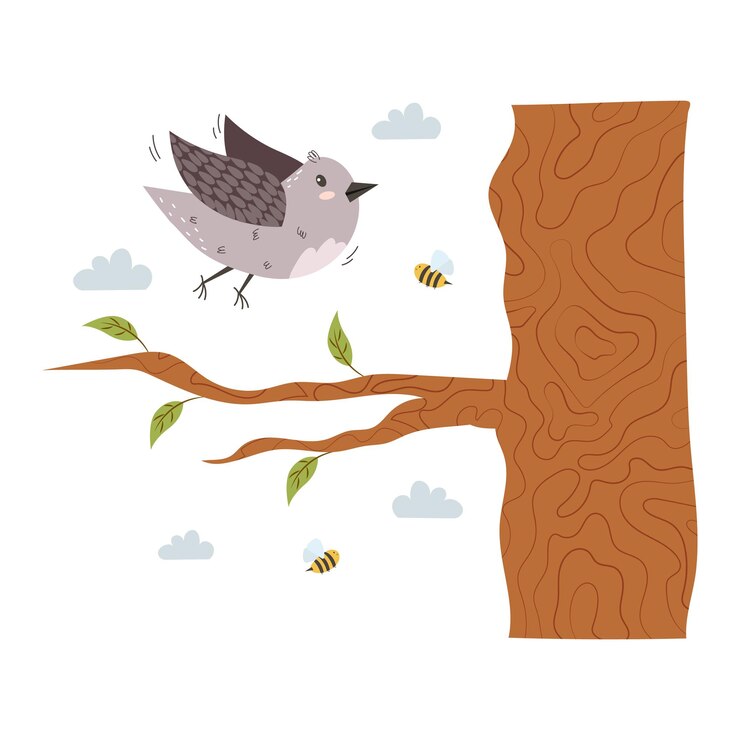 Vector cute bird sits on a tree branch funny curious sparrow