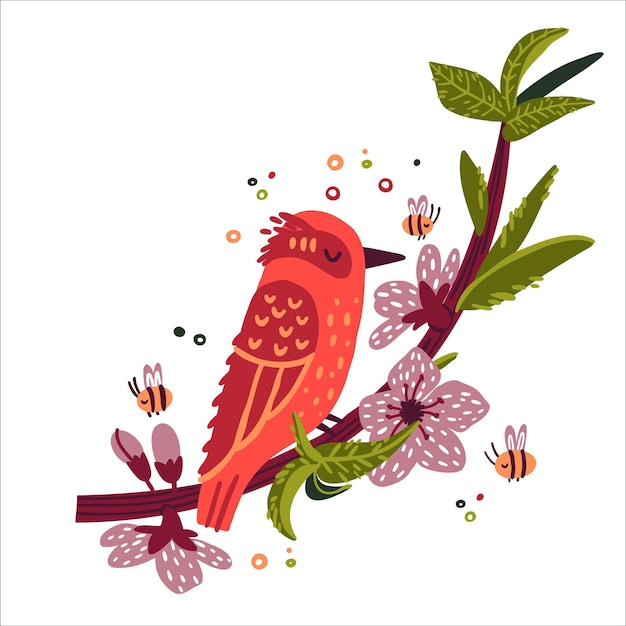 Vector cute bird sitting on a branch with peach flowers doodle hand drawn style