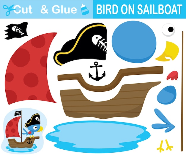 Cute bird wearing pirate hat on sailboat. Education paper game for children. Cutout and gluing.   cartoon illustration