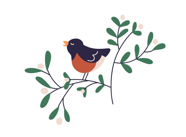 Vector cute bird on winter berry branch singing song little bullfinch singer on snowberry tree twig with leaves tweeting birdsongs flat vector illustration isolated on white background