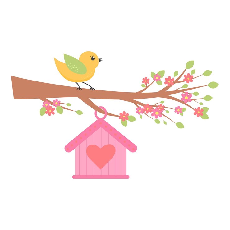 Vector cute bird with flower sitting on branch and birdhouse hanging springtime concept