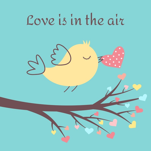 Vector cute bird with heart in her beak and branch with heart shaped leaves love is in the air