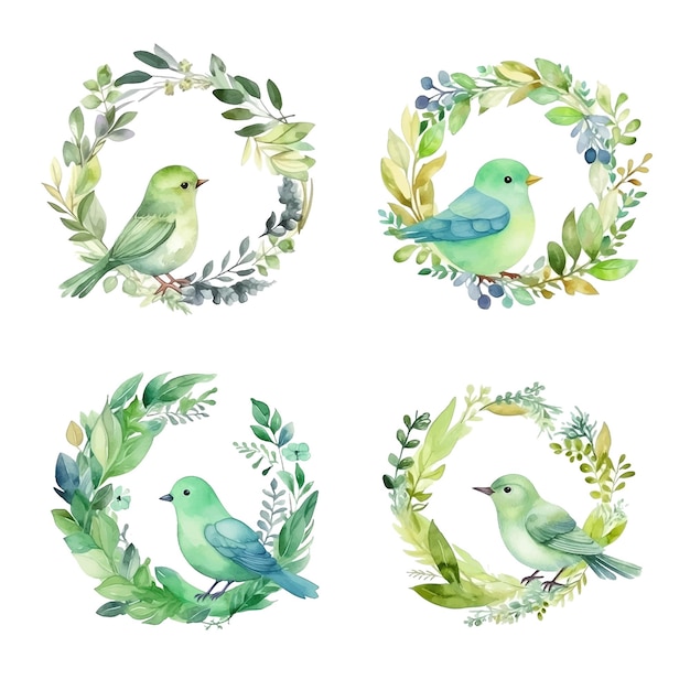 Cute bird with leaves wreath watercolor paint