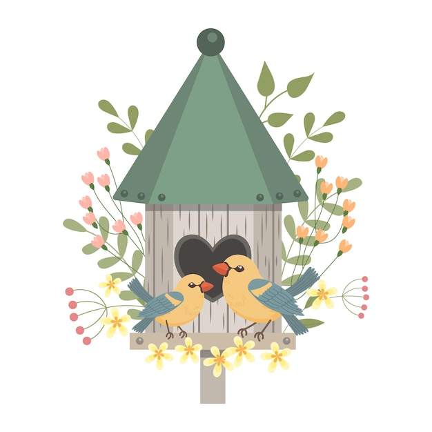 Вектор Милый птичий домик с птицами, украшенными цветами и листьями весенний клип-арт в стиле плоского мультфильма