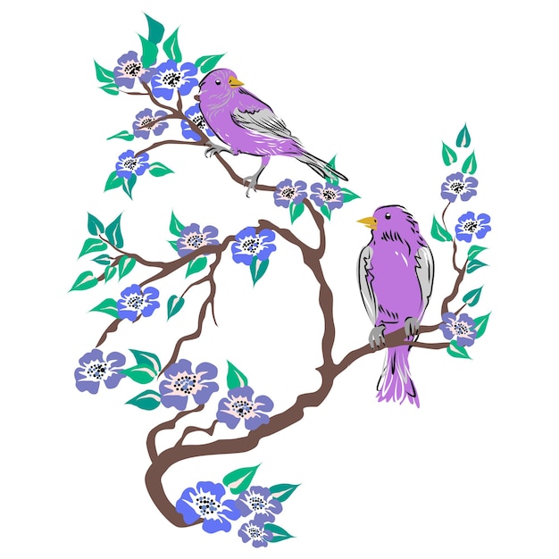 Cute birds on a branch with flowers vector illustration