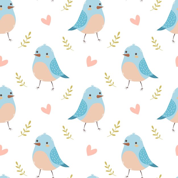 Cute birds and hearts seamless pattern on white background spring illustration flat vector