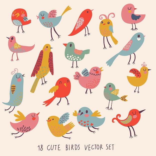 Милые птицы в векторном мультяшном наборе
