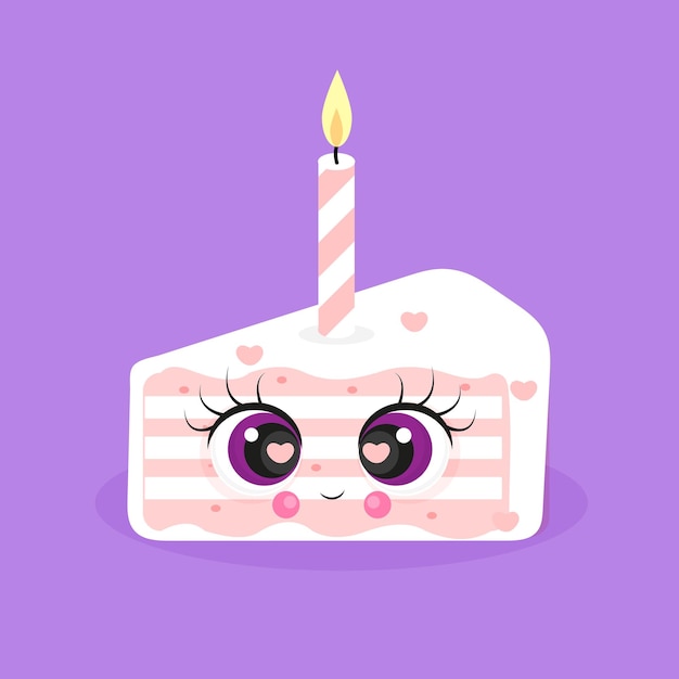 Cute birthday cake character with one candle isolated on purple background birthday cake vector illustration textile print postcard packaging