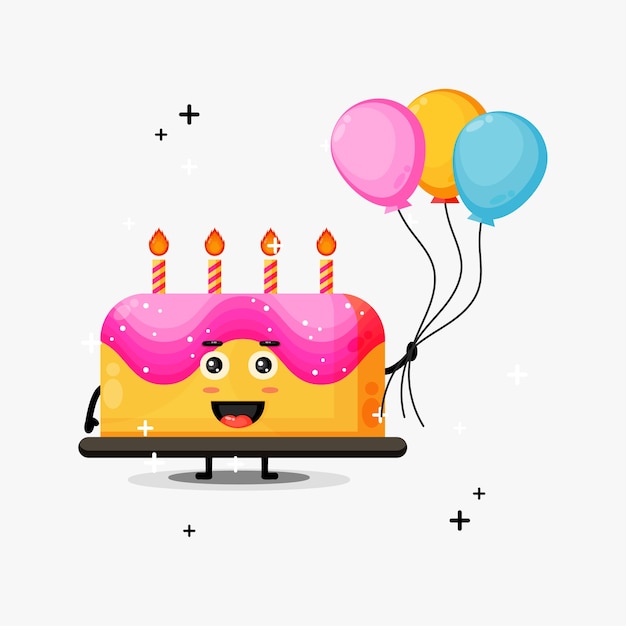 Cute birthday cake mascot carrying balloons