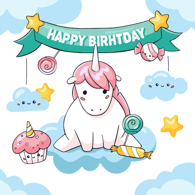 Vector cute birthday card with fat unicorn