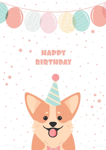 A cute birthday card with a smiling corgi face and balloons Vector template