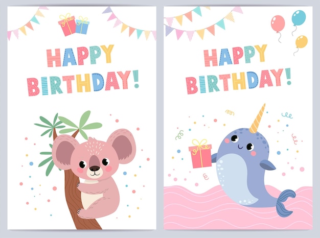 Милые открытки на день рождения для детей с забавными животными. векторная иллюстрация