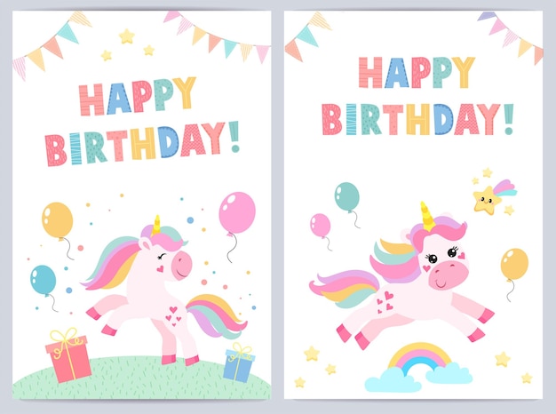 Vector cute birthday cards for kids with funny unicorn. vector illustration