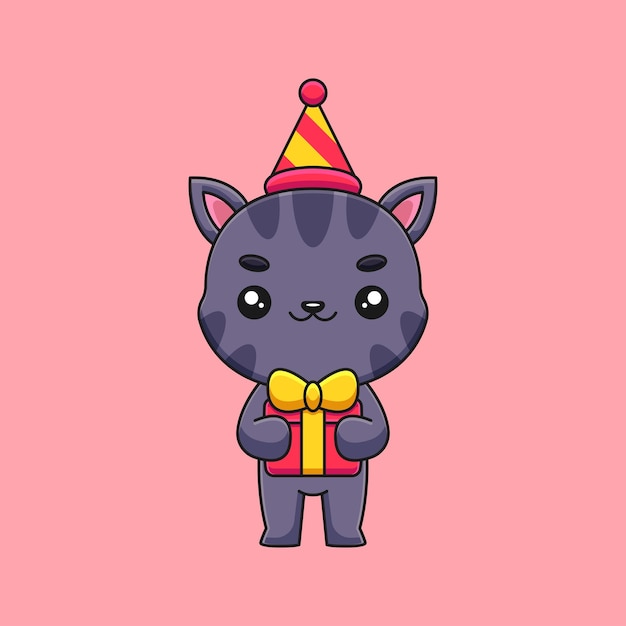 Illustrazione dell'icona di kawaii di vettore di concetto disegnato a mano di arte di doodle della mascotte del fumetto del gatto di compleanno sveglio