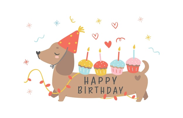 Cute Birthday Dachshund Dog Wearing Party Hat and having cupcakes Kawaii greeting card cartoon hand drawing flat design graphic illustration
