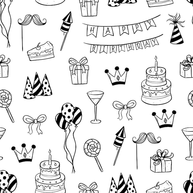 Cute birthday elements in seamless pattern using doodle art