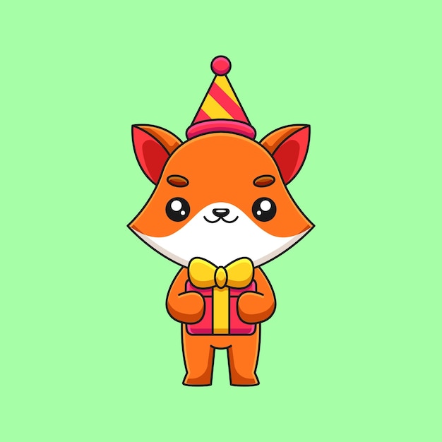 Cute birthday fox cartoon mascot doodle art hand drawn concept vector kawaii icon illustration