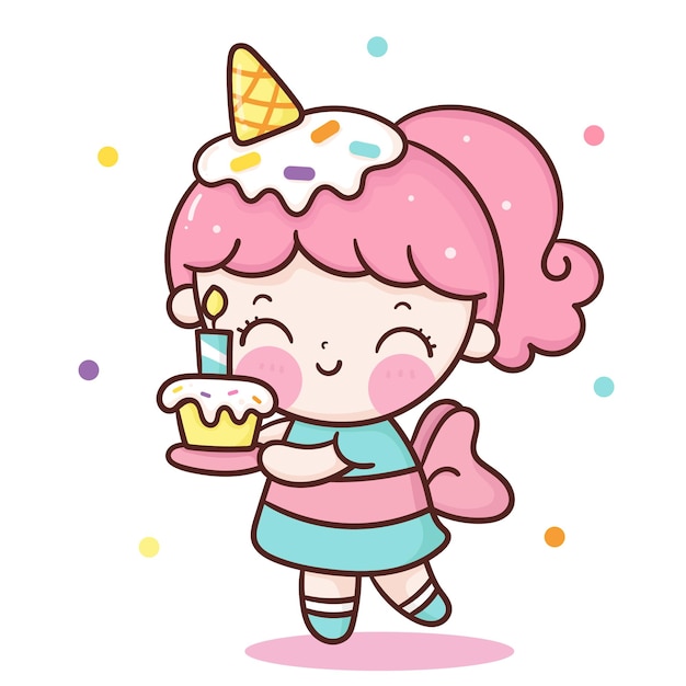 Cute birthday girl catoon holding sweet cupcake with ice cream on head kawaii character