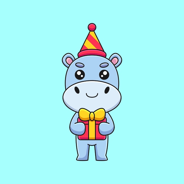 Cute birthday hippo cartoon mascot doodle art hand drawn concept vector kawaii icon illustration