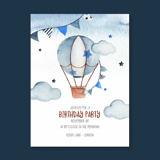 Cute birthday invitation complete with hot air balloon, garland, stars and cloud. adorable watercolor sky scene illustration perfect for kids birthday