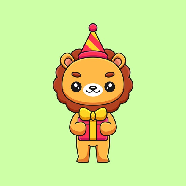 Cute birthday lion cartoon mascot doodle art hand drawn concept vector kawaii icon illustration