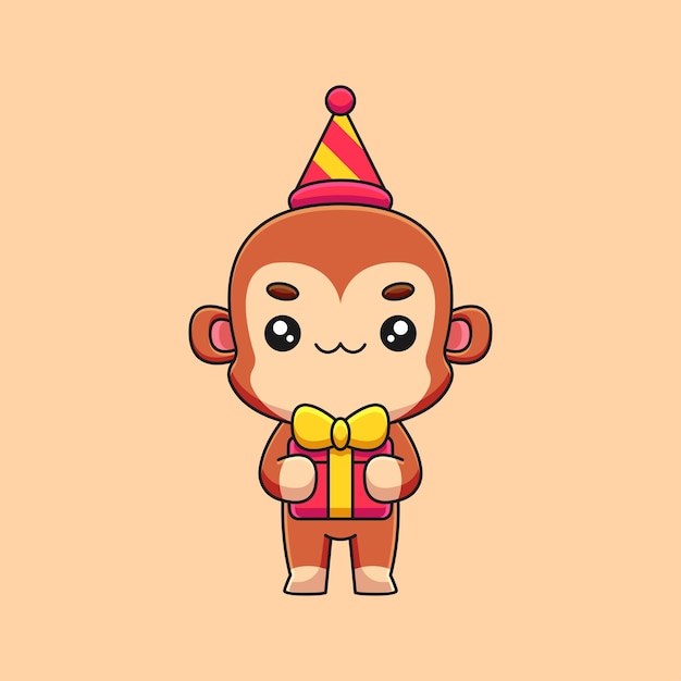 Cute birthday monkey cartoon mascot doodle art hand drawn concept vector kawaii icon illustration