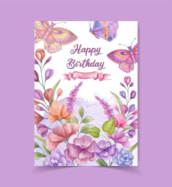 Vector cute birthday party invitation card with watercolor flowers and butterfly